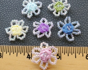 6pcs Ribbon Spider rose center seed beaded flower appliques hand embroidered ribbonwork flowers Choose 6 colors embellish crazy quilt Lot 2