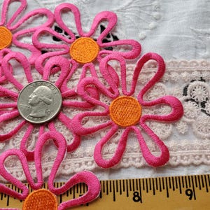 9 pcs Bright Pink retro shape iron on Flower Power Embroidered Applique patches embellish jacket bag jeans orange center
