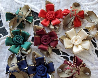 24 Gold Glitter Edge Satin ribbon 5 petal rosettes hand sewn appliques ribbonwork flowers roses Blue Red Ivory Green Purple
