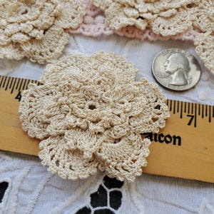 May include: Close-up of several beige crocheted flower appliques. The flowers are arranged on a white surface with a wooden ruler and a US quarter for size comparison. The flowers have detailed petal patterns.
