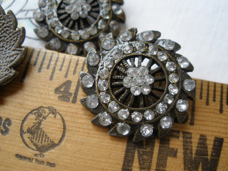 Filigree metal rhinestone shank buttons bronze sun star design 40L 1 20mm acrylic stones retro boho art deco 2 pieces