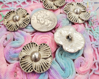 25MM Antique silver tone metal flower buttons shank 1 inch 40L 5 pieces