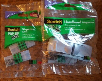 Scotch 3M Pop-Up Tape Handband Dispenser & 2 refills 200 Pre-Cut Strips giftwrap one-hand dispensing refillable craft tool Silver dispenser