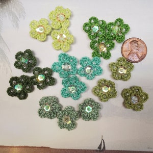 3D Beaded sequin crochet Flower Appliques Green shades 18 each embellish hair tie t-shirt scrapbooking 19MM 3/4"sweet slow stitch supply