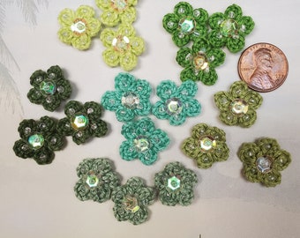 3D Beaded sequin crochet Flower Appliques Green shades 18 each embellish hair tie t-shirt scrapbooking 19MM 3/4"sweet slow stitch supply
