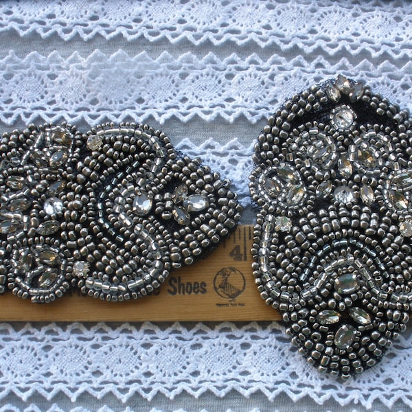 Beaded & Rhinestone Applique Embellishments on black tulle neckline epaulets Embellish Tshirt bridal bling purse gunmetal gray