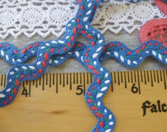 Embroidered Cotton Featherstitch Rick Rack Trim Blue Red white & green Ric Rac 1/2" vintage look floral trim