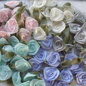 Satin ribbon flowers light pink 1.25&quot; Embellish t-shirt bridal bouquet up-cycle Shabby Chic rosette bows appliques hand sewn purple gray