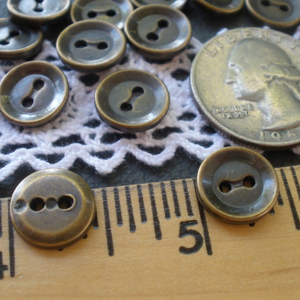 11MM Antique Brass tone Plastic buttons 7/16" 18L 2 hole sew-on classic indented face jewelry clasp craft shirt doll clothes 1.5mm hole 24pc