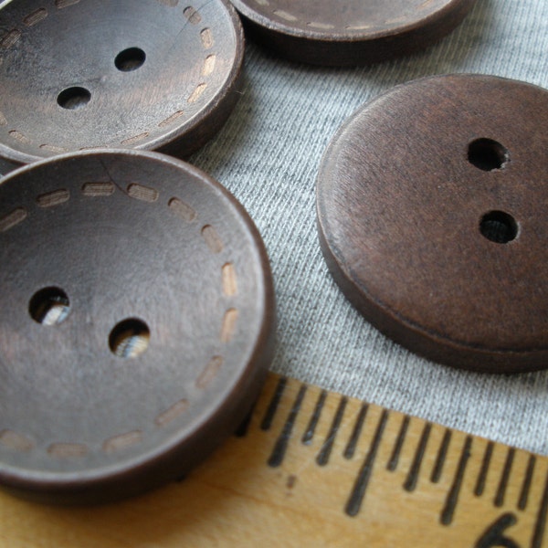 30MM Stitched Wood Coat Buttons sew-on dark stain finish wooden 2 hole concave front flat back 48L large holes