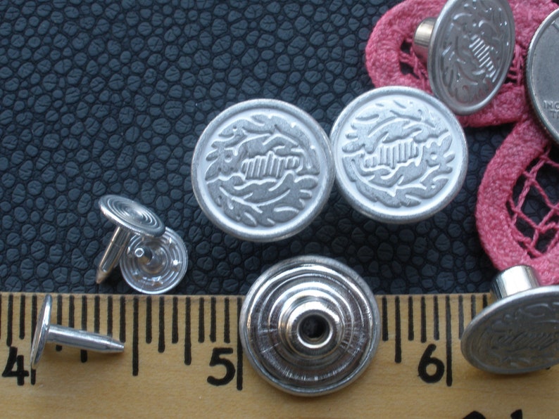 Punaise en métal de couleur argent mat, 17 mm, boutons motif feuille, jean sans couture, remplacement des rivets, bouton pression, veste en jean militaire de 11/16 po. image 1