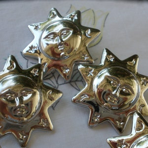 Celestial Sun Face Buttons Silver Color metallic plastic 35MM shank 55L 1 3/8" figural buttons 5 pieces zodiac moon stars