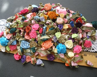 NEW Mix #3 Ribbonwork flowers Satin Ribbon Rosettes hand sewn appliques 100 pieces embellish doll clothes mixed media wedding cabbage roses