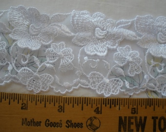 Chantilly Lace edging Floral Embroidered White tulle applique Trim embellish wedding flowers scallop nylon or poly shiny BTY paint or dye