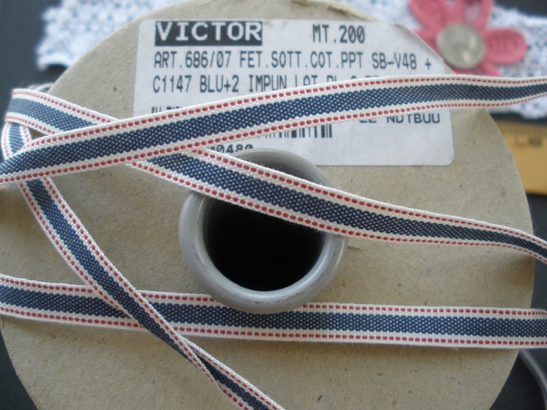 May include: A spool of navy blue and white ribbon with red dotted accents. The ribbon is wrapped around a cardboard spool. The text "VICTOR" and other details are visible on the label.