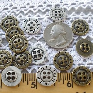 15MM Metal Shirt buttons Bronze or Matte Antique Silver Pewter Color 24L 24 each 4 hole sew on jewelry clasp raised back tribal industrial