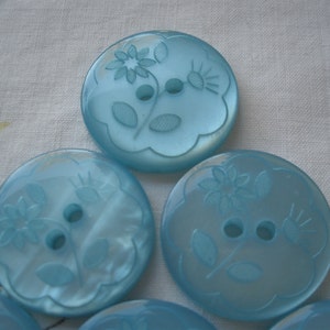 Etched Flowers Blue Buttons 9 pcs size 36L 7/8&quot; 22MM plastic pearlescent 2-hole sew on craft scrapbook sewing sweet flat back