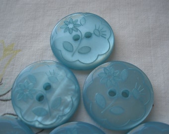 Etched Flowers Blue Buttons 9 pcs size 36L 7/8" 22MM plastic pearlescent 2-hole sew on craft scrapbook sewing sweet flat back