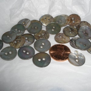 May include: A collection of 20 iridescent mother-of-pearl buttons with two holes each. The buttons are various shades of gray, brown, and white. A penny is included for scale.