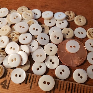 Tiny Little Real white shell Buttons size 14L 9mm 11/32" 2 hole sew on MOP Diminutive doll jewelry sew crafts 24 piece lots beige green back