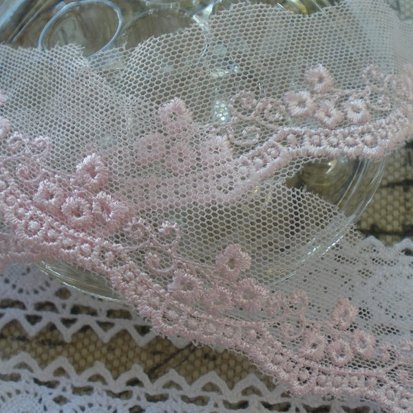 Sweet Pink Floral Embroidered applique on Net Lace Trim 1.25" wide Shirt skirt extender nylon edging retro peekaboo slip lace tulle BTY