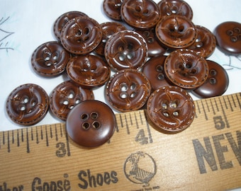 Faux Leather Walnut Shirt Buttons 5/8" 15MM plastic Size 24L Made USA stitched concave 4 hole sew on cool retro steampunk mid century