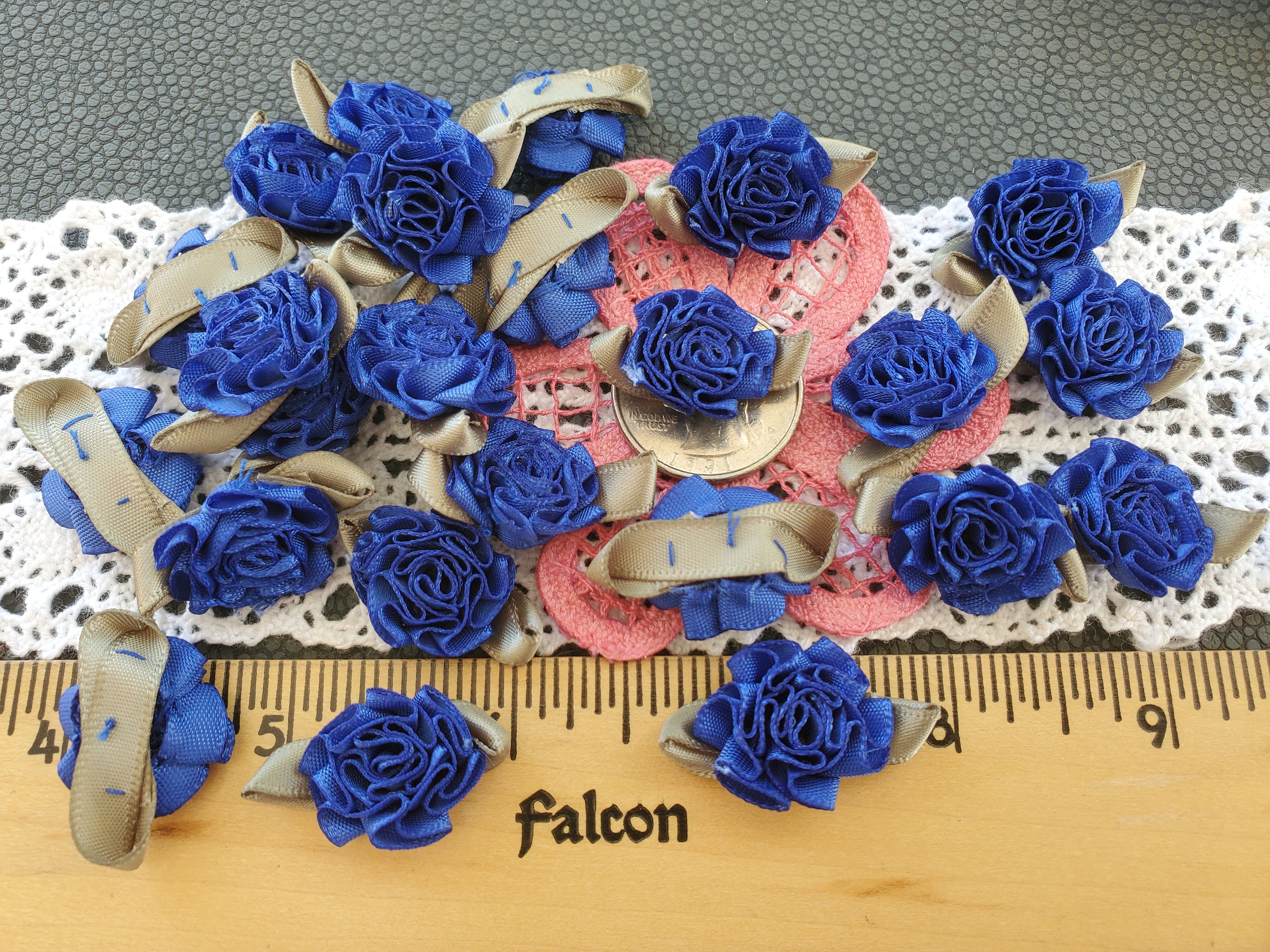 Royal Blue Ribbonwork Flowers Cabbage Ribbon Roses .75