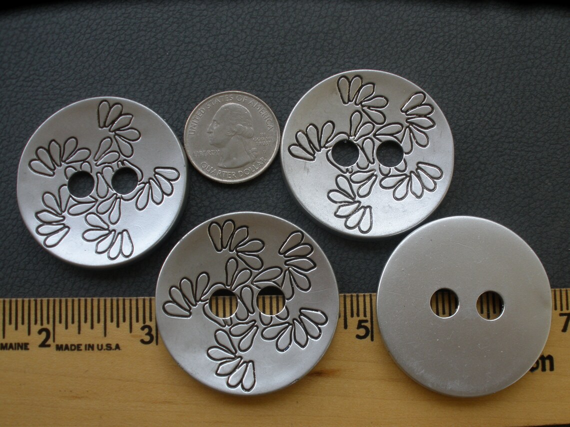 Extra Large 43MM Matte Silver Buttons Black Etched Floral Pattern ...