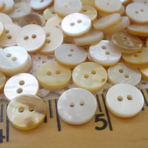 May include: A collection of round, two-hole buttons in various shades of cream, ivory, and light brown. The buttons are scattered, with a few stacked, and appear to be made of a pearlescent material. A wooden ruler with inch markings is visible.