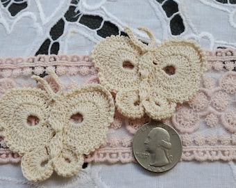Hand crocheted ecru cotton butterflies Natural Color 3D Crochet appliques can be dyed 2.5" x 1.75" embellish jeans jacket t-shirt bag book