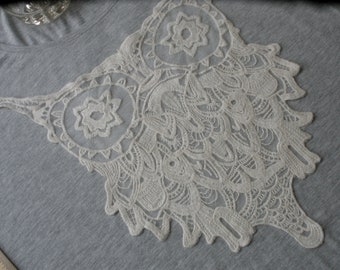 Ivory Owl applique embroidered on Net Lace 9" x 14" large embellishment t-shirt retro altered couture cream on white net boho