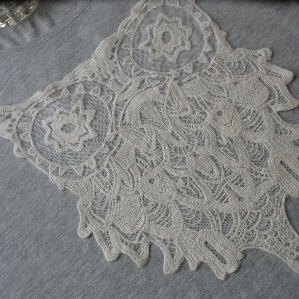 Ivory Owl applique embroidered on Net Lace 9" x 14" large embellishment t-shirt retro altered couture cream on white net boho