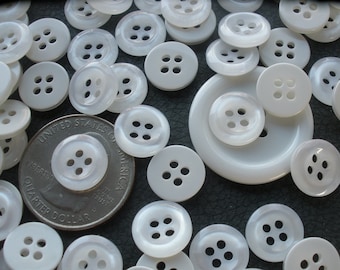White Pearlized Plastic Classic Shirt Buttons 48 pcs Size 18L (7/16" 11MM) 4-hole Shiny doll Jewelry bulk sewing flat back concave front