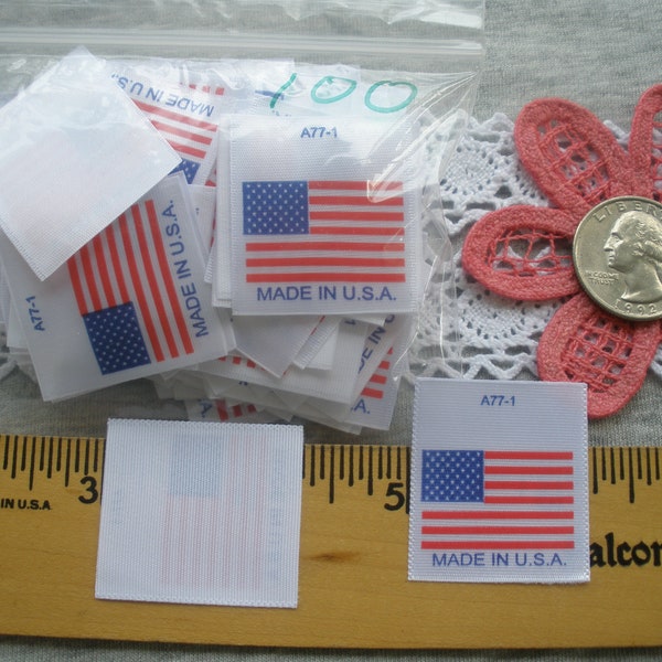 100 MADE IN U.S.A. Tags American Flag Labels Printed on satin ribbon Garment Tabs Sewing Sew in labels finished edges
