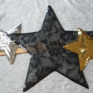 Lace & Sequin Star Applique Black silver gold stars sew on iron on Craft Accent Embellishment scrapbooking sewing trendy cool