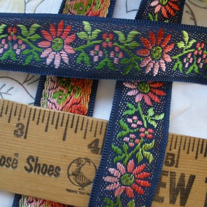 Jacquard Ribbon Ombre Pink Flowers Navy blue Made Switzerland 21mm woven trim by the yard embellishment yardage Rayon costume