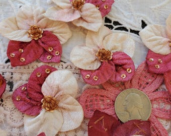 Sequin Textured Velvet Flowers 1 dozen appliques 2" to 2 1/4" wide hand sewn millenary embellishment Red Pink Purple Deep Rust all crafts