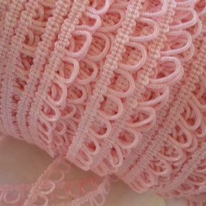 May include: A roll of delicate, light pink trim. The trim features a scalloped edge with a looped design, creating a textured and decorative element. The material appears to be a soft, possibly satin-like fabric, ideal for sewing and crafting projects.