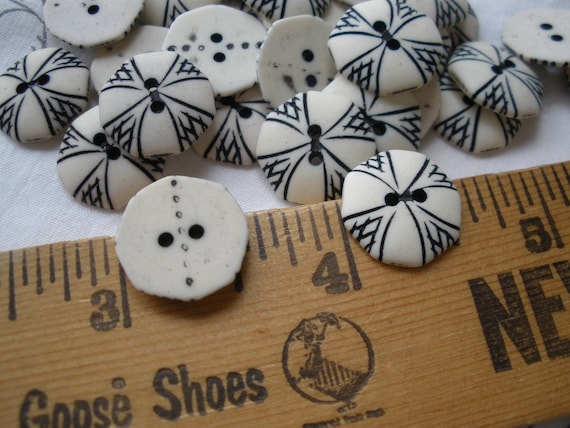 Faux bone Ivory Octagon Buttons Black etched pattern 9/16" 22L 14MM 2 hole sew on Vintage retro kitsch sewing scrapbooking tag supply