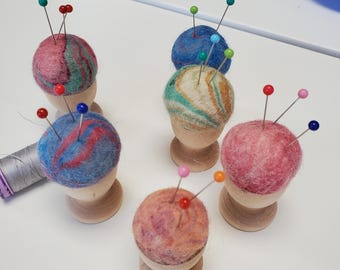 Felted wool mini wood egg cup pincushion gift for sewist