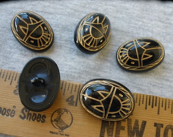 Scarab shank Buttons black & gold carved pattern 1" plastic 5 each 40L plastic oval costume craft jewelry figural bead cabochon retro mod