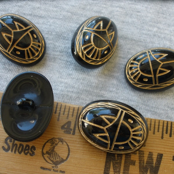 Scarab shank Buttons black & gold carved pattern 1" plastic 5 each 40L plastic oval costume craft jewelry figural bead cabochon