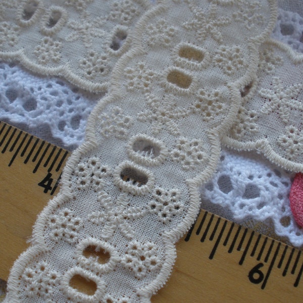 Broderie Anglaise Ecru Natural 1.25" Eyelet Lace 1 1/4" Ribbon Insert Trim Scallop Edges BTY cotton blend Embroidered for dresses costume