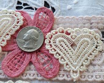 Sweet Ivory Heart Venise Lace appliques about 2" x 3/4" retro 50mm 10 individual hearts rayon ready to paint or dye