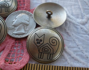 Abstract Retro line drawn cat buttons metal shank 25MM 1 inch Antique Silver Pewter tone 40L figural stamped fashion craft southwestern core