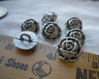 Vintage Pewter Color Roses metal shank buttons size 24L (5/8" 15MM) antique matte finish sewing crafts cool cast in relief 5 mm hole