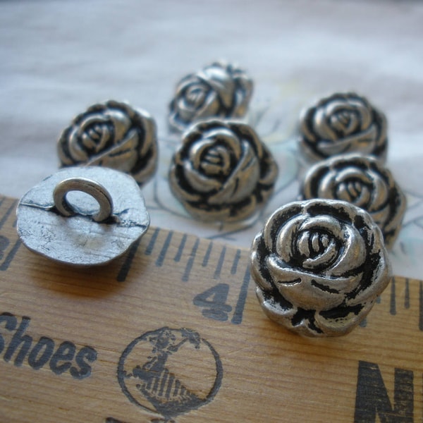 Vintage Pewter Color Roses metal shank buttons size 24L (5/8" 15MM) antique matte finish sewing crafts cool cast in relief 5 mm hole