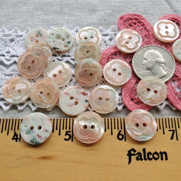 Carved Flower Pearlized Plastic Buttons 5/8" (15MM 24L) Pink white & green 2 hole textured back scrapbook sew on jewelry clasp 2mm holes