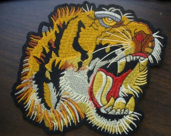 Roaring Tiger Embroidered Applique Iron-on Patch on black felt Embellish T-shirt Jeans Jacket unusual cool 7.25"