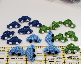 Tiny little crochet cars with embroidered wheels Appliques 18 each embellish hair tie t-shirt scrapbooking sweet slow stitch micro 9 colors